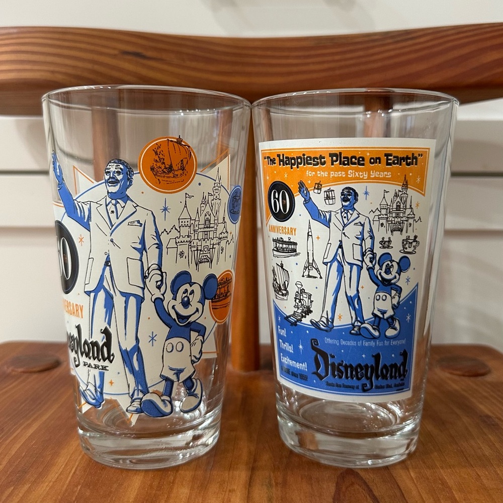 Set of 2 Disneyland  Disneyland Park 60TH Anniversary Glass Cup Micky Mouse